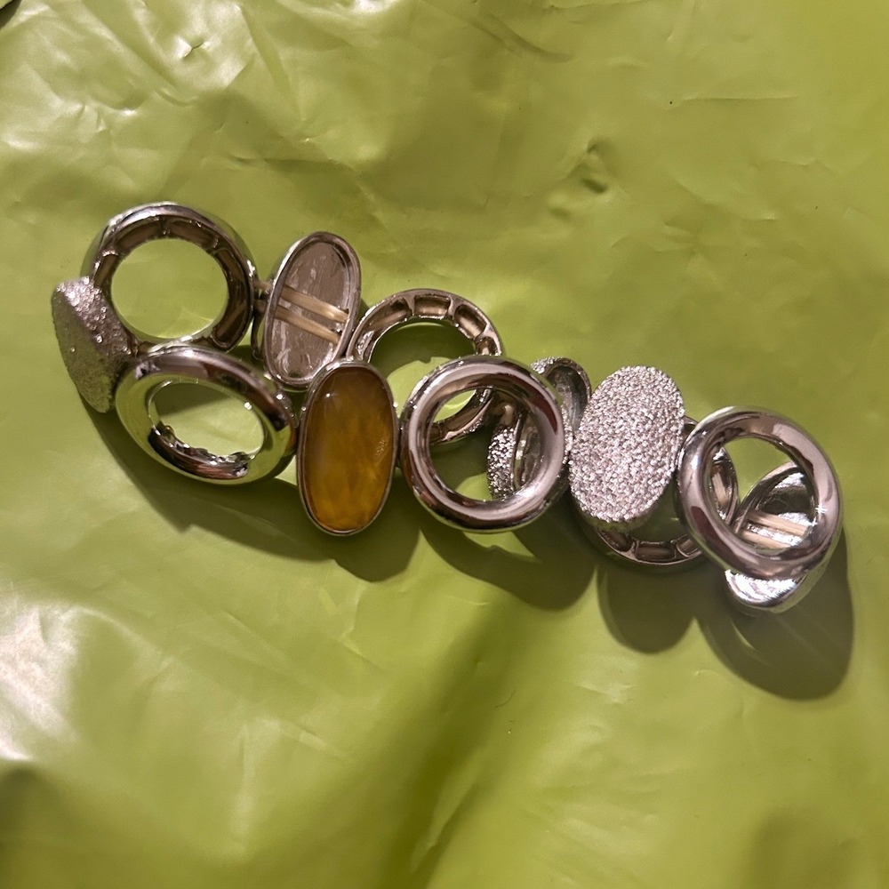 Silver Tone Amber Yellow Resin Geometric Stretch Bracelet Textured Links VTG